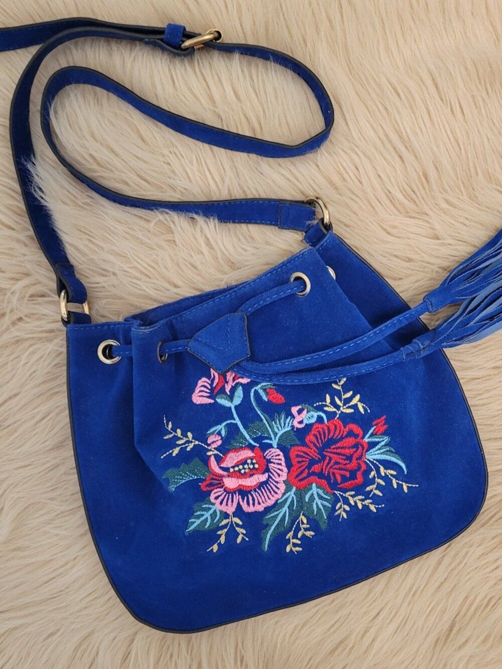 FFC NEW YORK Royal Blue Microsuede Floral Embroidered Shoulder / Crossbody Bag